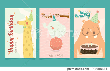Set of happy birthday cute animals card for kids. Set of happy birthday cute animals card for kids. 65908611