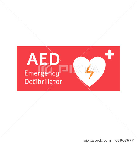 Automated external defibrillator red banner with white heart. 65908677