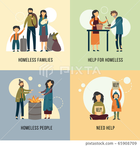 Help for homeless banners set with hungry beggars flat vector illustration. 65908709