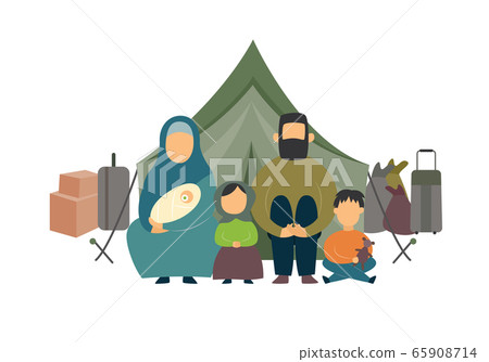 Homeless family of parents and kids sitting near luggage and tent in a refugee camp. 65908714