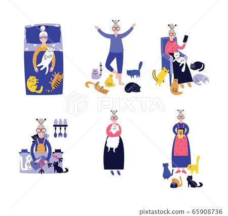 Lonely lady with cats in everyday activity set of vector illustrations on white . Lonely lady with cats in everyday activity set of vector illustrations on white . 65908736