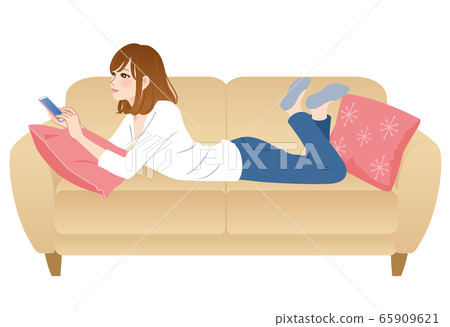 A woman who operates a smartphone Relax - Stock Illustration [65909621 ...