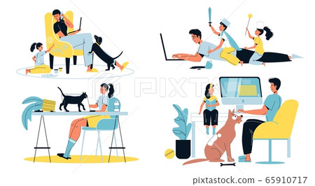 Family home activities, working, naughty children Family home activities, working, naughty children 65910717