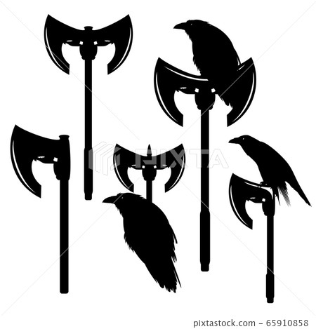 raven bird and viking pole axe black and white vector design set raven bird and viking pole axe black and white vector design set 65910858