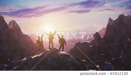 A team of three celebrates a luncheon on top of a mountain against a sunset. 3d rendering A team of three celebrates a luncheon on top of a mountain against a sunset. 3d rendering 65912130