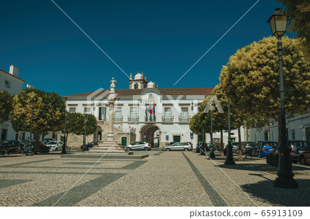 Marble pillory in square with trees and City Hall of Campo Maior Marble pillory in square with trees and City Hall of Campo Maior 65913109