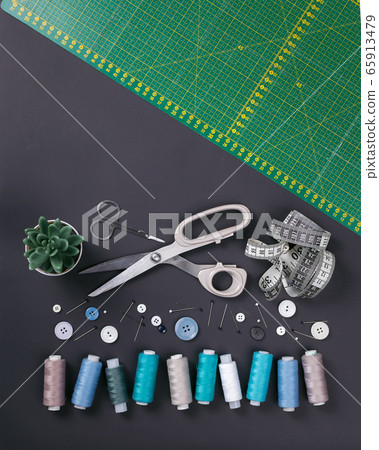 sewing items on a black background from above sewing items on a black background from above 65913479