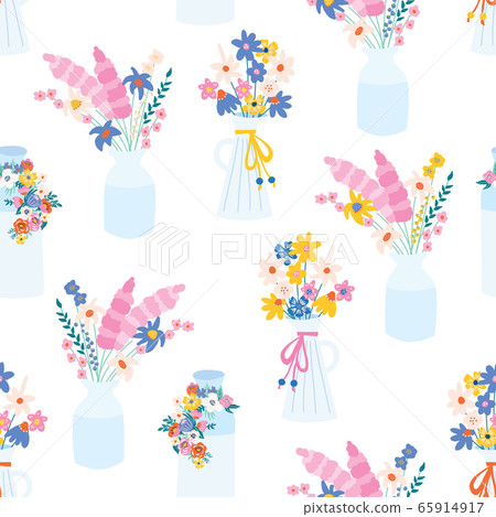 Flower vase seamless vector pattern. Repeating background vases with spring and summer wildflowers Flower vase seamless vector pattern. Repeating background vases with spring and summer wildflowers 65914917