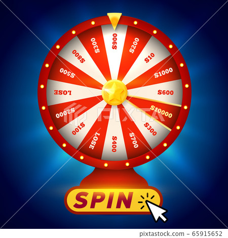 Fortune wheel on blue background. Gambling game. Raffle prizes. Random choice wheel logo. Round colorful lottery, casino symbol. Online money bets sign. Isolated slot machine vector illustration 65915652
