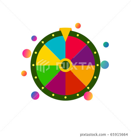 Colorful flat fortune wheel icon, random choice wheel with falling balloons and bubbles, winner and lucky symbol, vector isolated illustration on white background. 65915664