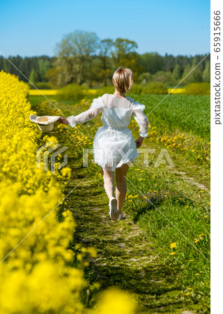 Young woman stands in a rape field 65915666