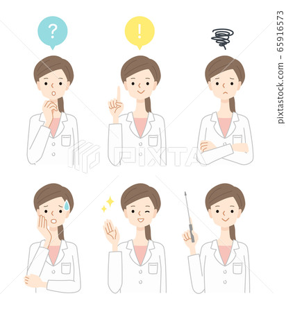 6 sets of various poses and facial expressions of a young female doctor in a white coat 65916573