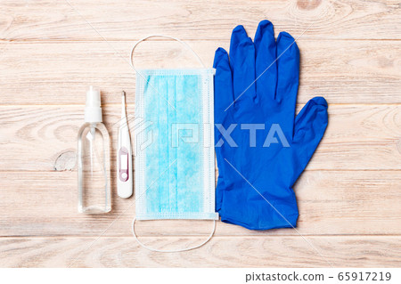 Top view of alcohol hand sanitizer, latex gloves, Top view of alcohol hand sanitizer, latex gloves, 65917219