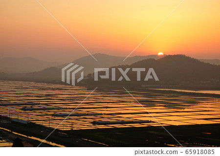 Sunset at Taepyeong Yeomjeon in Jeungnam, Sinan-gun, Jeollanam-do 65918085