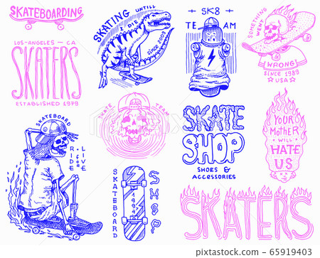 Skateboard shop badges set. Dinosaur and skeletons ride on the boards concept. Fiery head and skull Skateboard shop badges set. Dinosaur and skeletons ride on the boards concept. Fiery head and skull 65919403