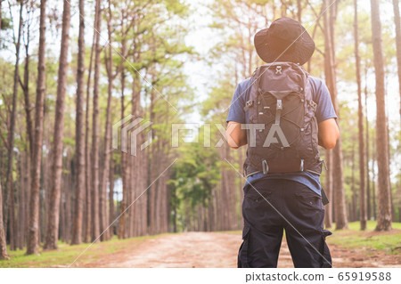 Asian man with backpack hiking in forest Asian man with backpack hiking in forest 65919588