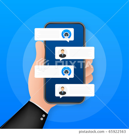 Chat bot robot concept on smartphone screen. Template chat, message. Ai - artificial intelligence. Vector stock illustration. Chat bot robot concept on smartphone screen. Template chat, message. Ai - artificial intelligence. Vector stock illustration. 65922563