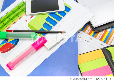 pencil, Blue folder, graph sheet, Color highlight pen on white background isolated, concept Office equipment 65924103