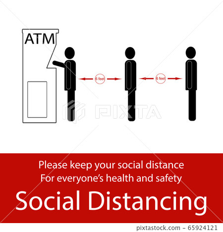 ATM cash dispenser pictures with Icon people, people to stand 6 feet apart, the practices put in place to enforce social distancing 65924121