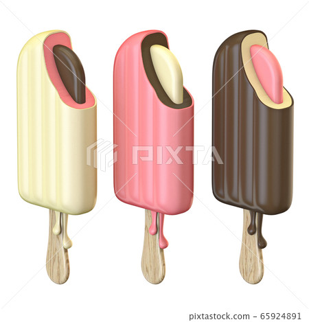 Three different ice creams on wooden sticks 3D 65924891