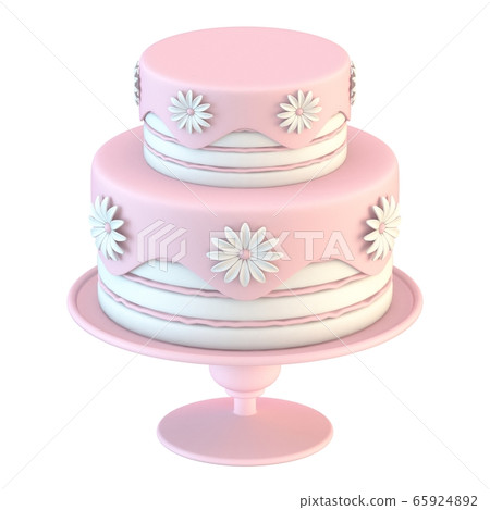 Pink white cake with flowers decoration 3D 65924892