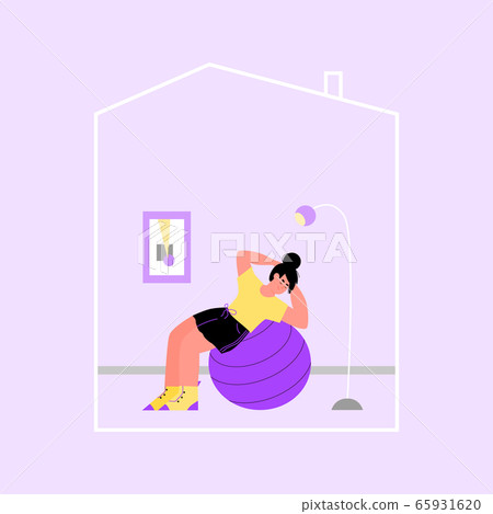 Stay home with woman doing sport exercises indoors cartoon vector illustration. 65931620