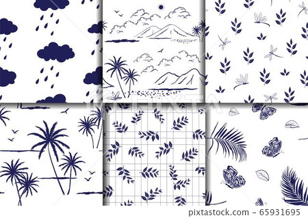 Nature hand drawn collection on monotone blue seamless pattern for decorative,fabric,textile,print or wallpaper 65931695