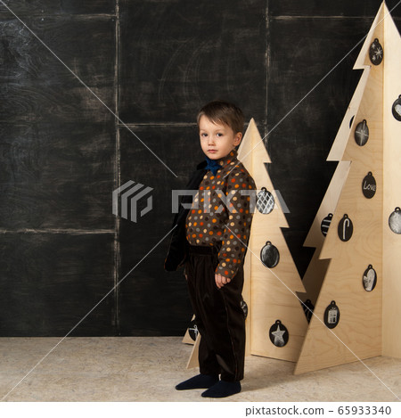 the little boy next to decorative Christmas trees the little boy next to decorative Christmas trees 65933340