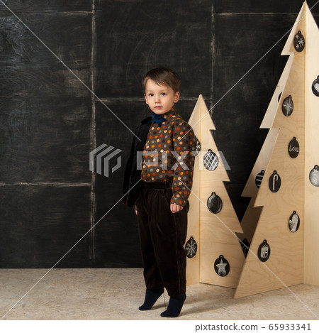 the little boy next to decorative Christmas trees 65933341