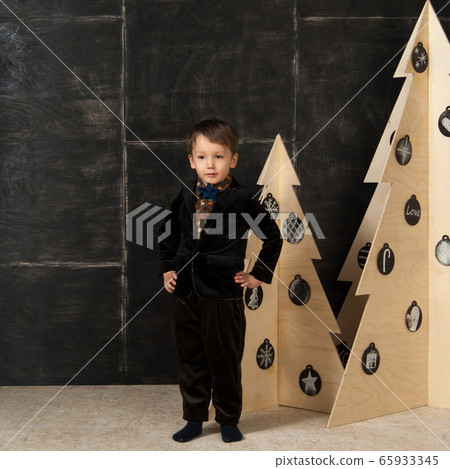 the little boy next to decorative Christmas trees 65933345