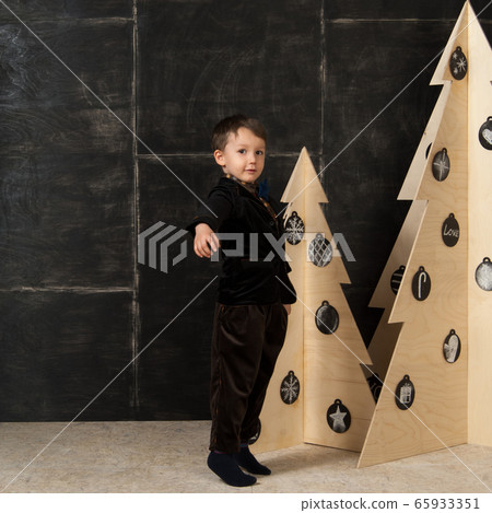 the little boy next to decorative Christmas trees 65933351