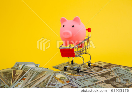 Clever shopping and save money concept. Shopping cart and piggy bank on yellow background 65935176