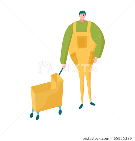 Janitor with bucket cart in yellow overalls Janitor with bucket cart in yellow overalls 65935389