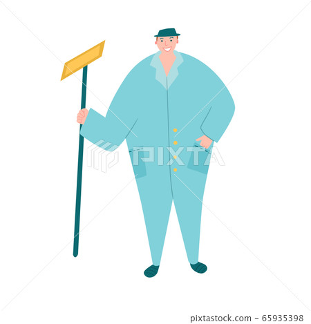 Housekeeper worker with mop standing in overalls 65935398