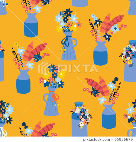 Vases with summer wildflowers seamless vector pattern. Flower vase repeating background in fall Vases with summer wildflowers seamless vector pattern. Flower vase repeating background in fall 65936679