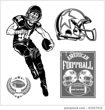 American football players holding ball, isolated vector silhouette. Team sport 65937433