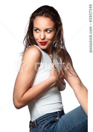 Portrait of beautiful stylish woman isolated on white studio background 65937549
