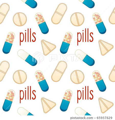 Different shape beige pills and oval capsule tablets seamless pattern on white background Different shape beige pills and oval capsule tablets seamless pattern on white background 65937829