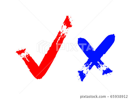 Tick and cross brush signs. Simple marks graphic design. Symbols YES and NO button for vote, decision, web. Vector illustration. Checkmark right symbol tick sign. Flat vector icon. Test question. 65938912