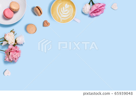 Greeting card with peonies and macaroons. 65939048