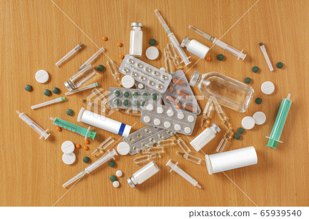 Various medicines pills ampoules syringes in 65939540