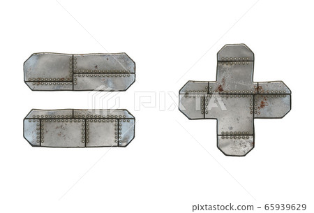 Set of symbols equals and plus made of industrial metal on white background 3d 65939629
