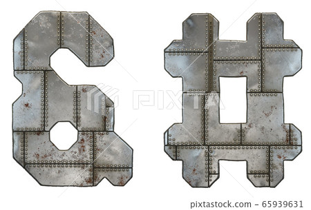 Set of symbols ampersand and hash made of industrial metal on white background 3d Set of symbols ampersand and hash made of industrial metal on white background 3d 65939631