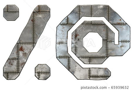 Set of symbols percent and at made of industrial metal on white background 3d Set of symbols percent and at made of industrial metal on white background 3d 65939632
