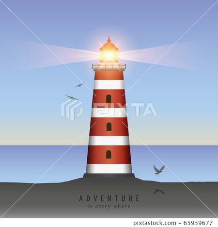 shining lighthouse at sunset with flying birds 65939677