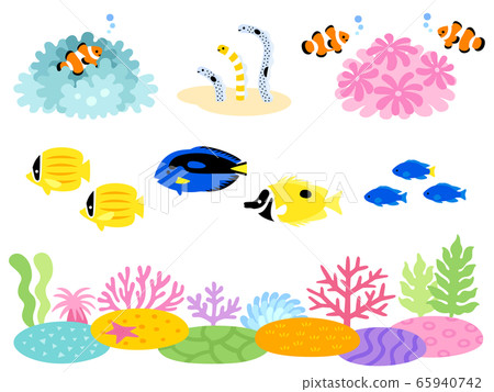Illustration set of coral reef and tropical fish 65940742