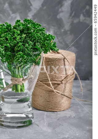 Curly parsley On a gray background, with a coil of rope for packaging. Natural product, copy space. 65942449