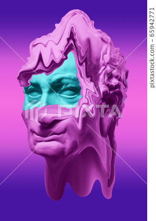 Collage with plaster antique sculpture of human face in a pop art style. Creative concept colorful neon image with ancient statue head. Zine culture. Cyberpunk, webpunk and surreal style poster. Collage with plaster antique sculpture of human face in a pop art style. Creative concept colorful neon image with ancient statue head. Zine culture. Cyberpunk, webpunk and surreal style poster. 65942771