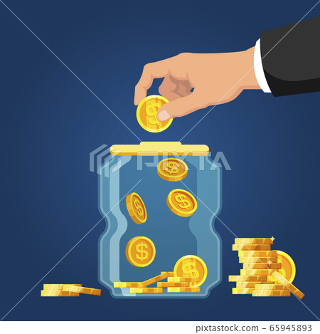Pension fund. Businessman hand putting golden coin 65945893