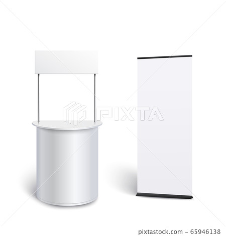 Mockups set of empty white promotion counter and roll up banner realistic style 65946138